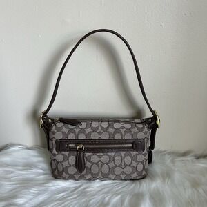 Coach Signature Jacquard Shoulder Bag Brown Leather Trim C5736 Baguette Bag
